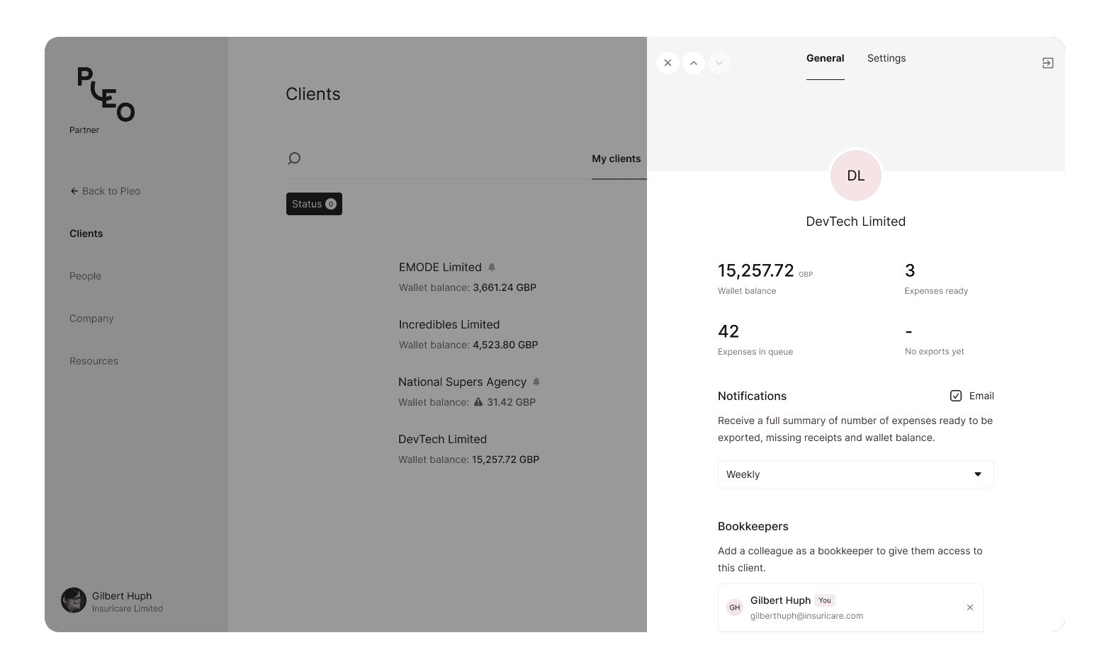 UI of the partner portal client page